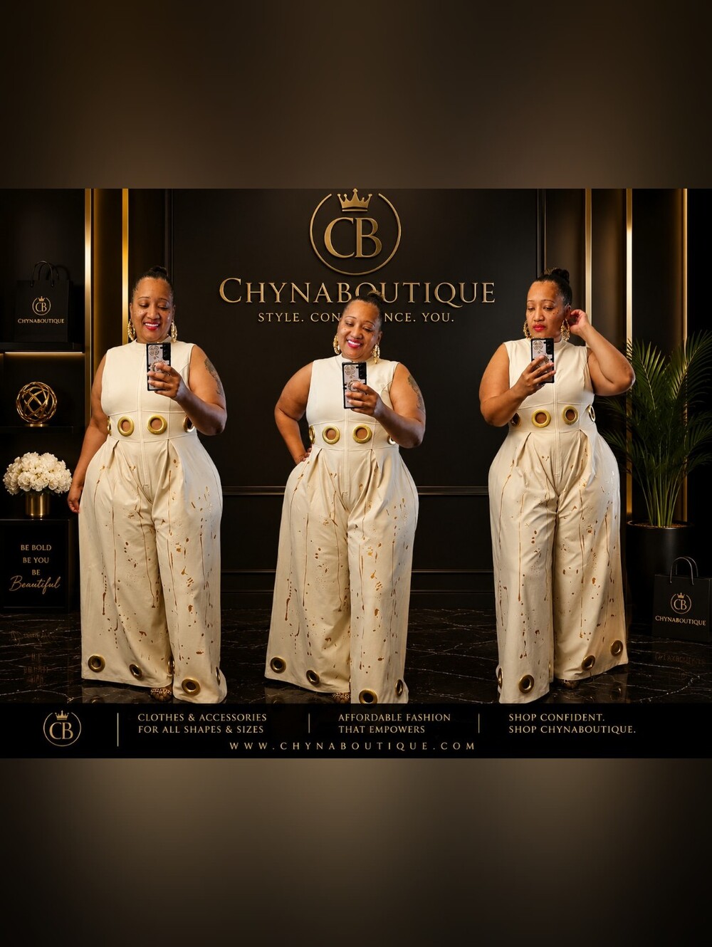 Cream Wide-Leg Jumpsuit with Gold Grommet Accents